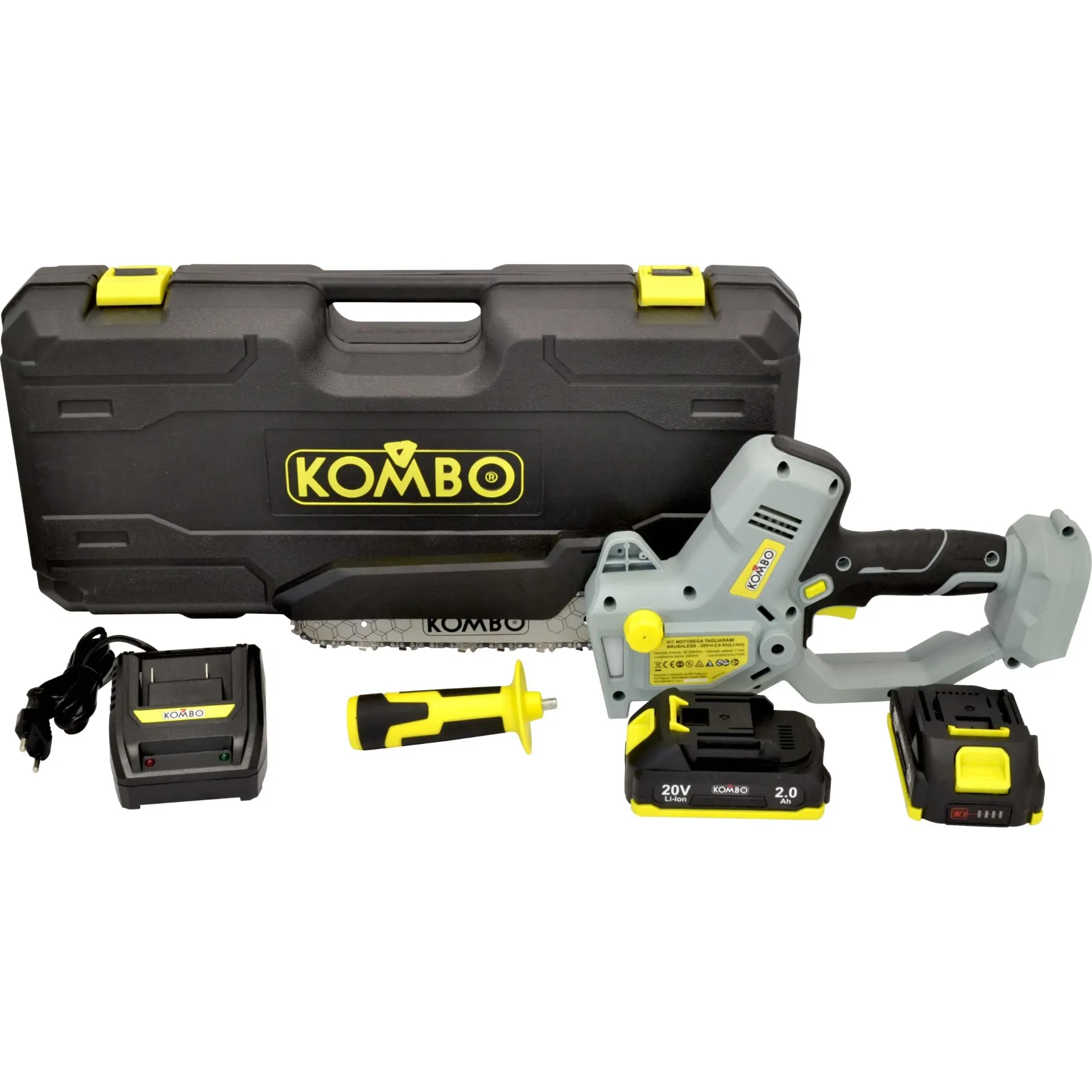 Kit Motosega Potatore Kombo Brushless 20V con 2 Batterie 2Ah Caricatore e Valigia