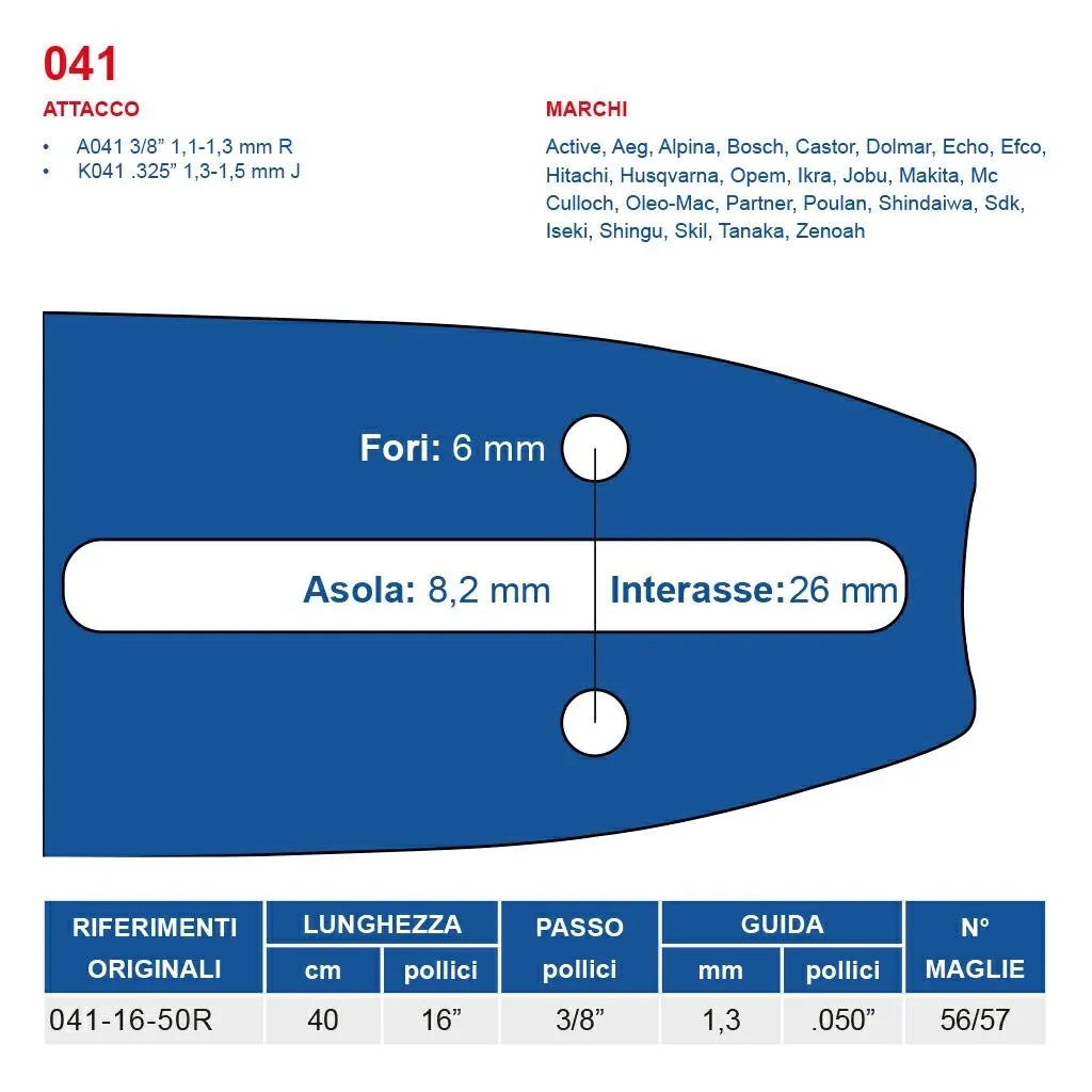 [452702] Barra motosega 40 cm 3/8 1,3 mm attacco 041 56-57 maglie